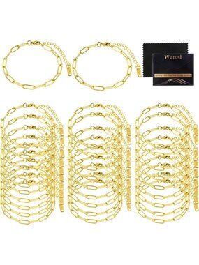 18K Gold Plated Paperclip Charm Bracelets - 30PCS 6.3 Inch Elegant Jewelry Set